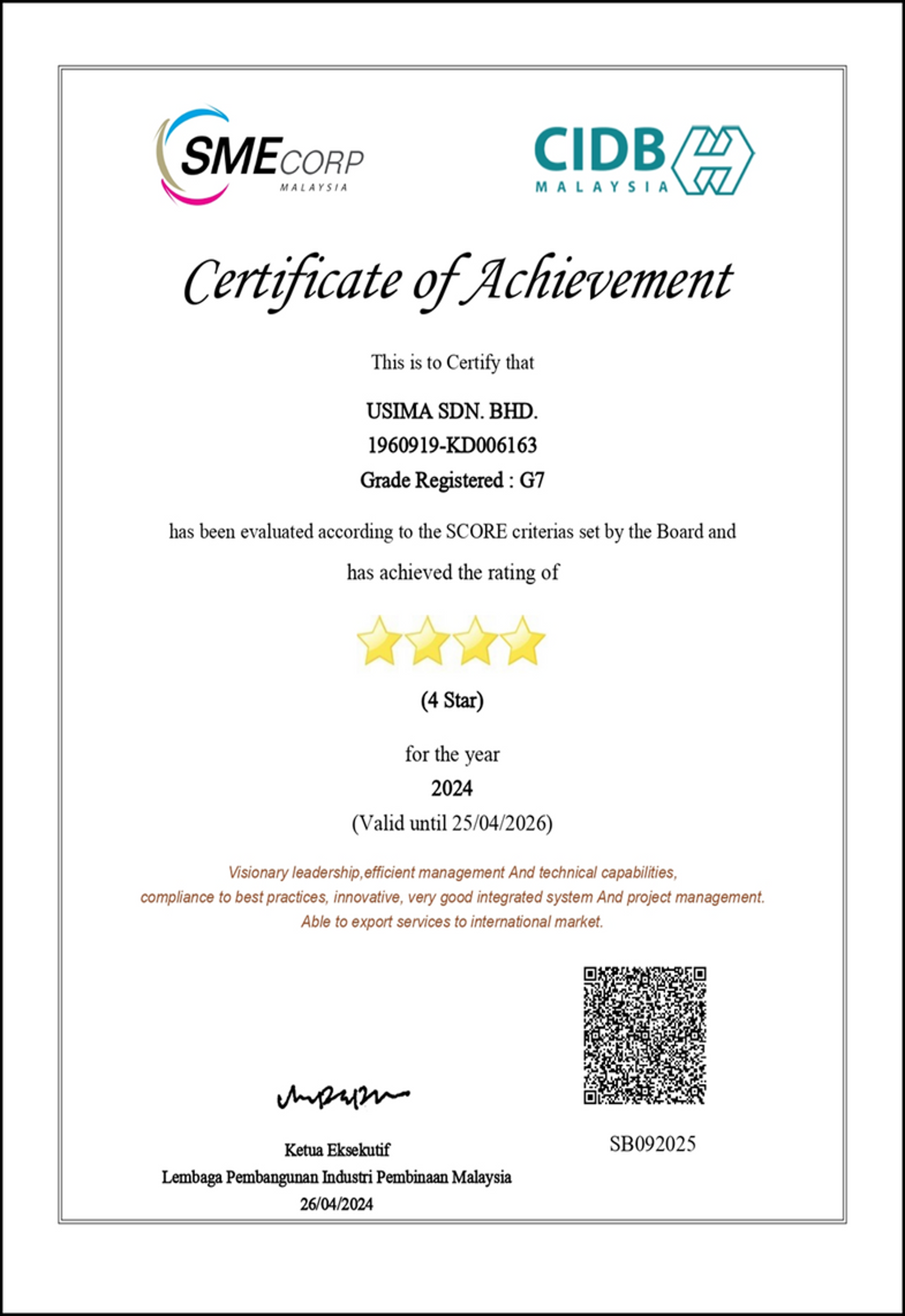 Anugerah CIDB SCORE 4 Bintang 2024 — Usima Sdn Bhd