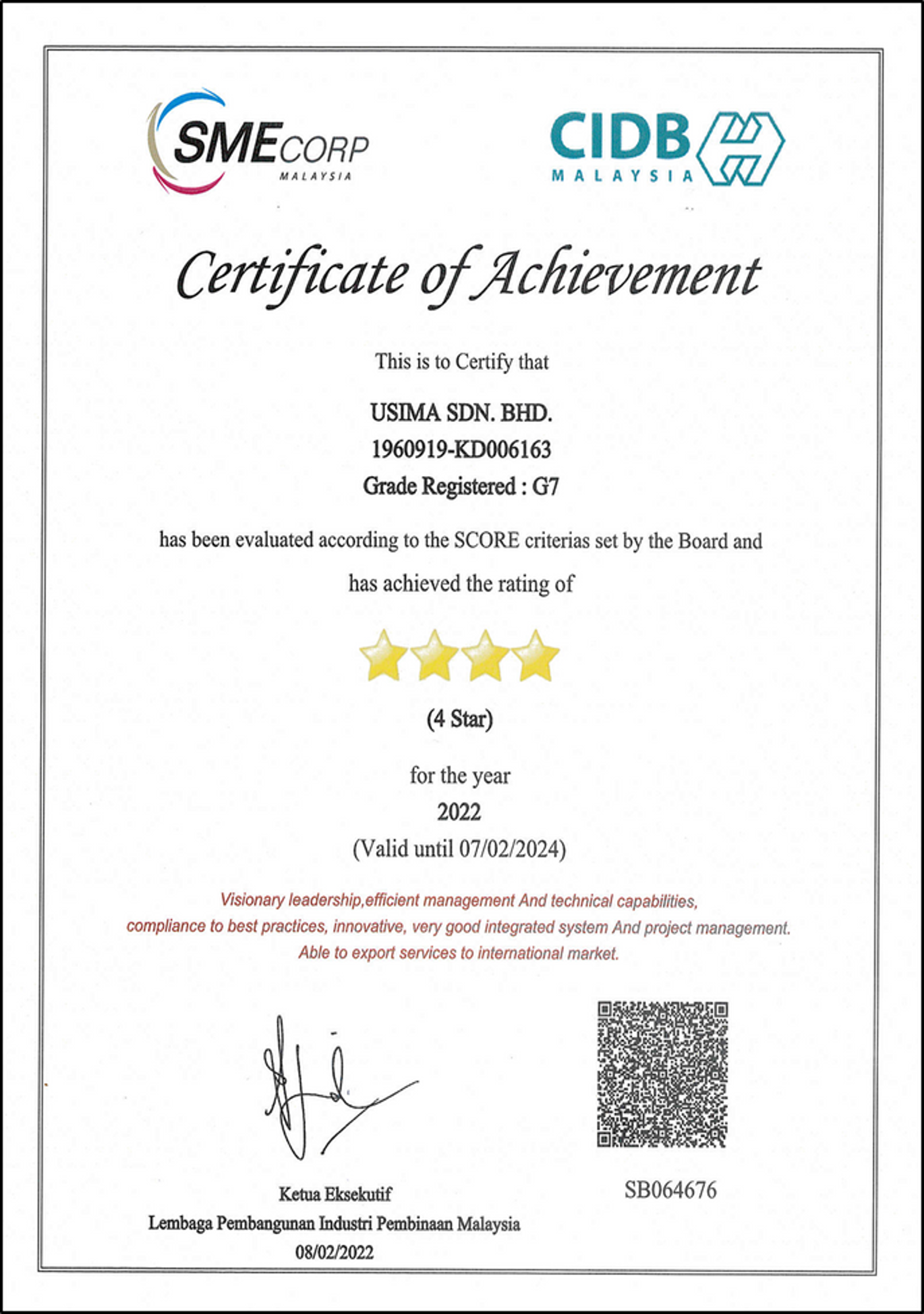 Sijil CIDB SCORE 4 Bintang 2022 — Usima Sdn Bhd