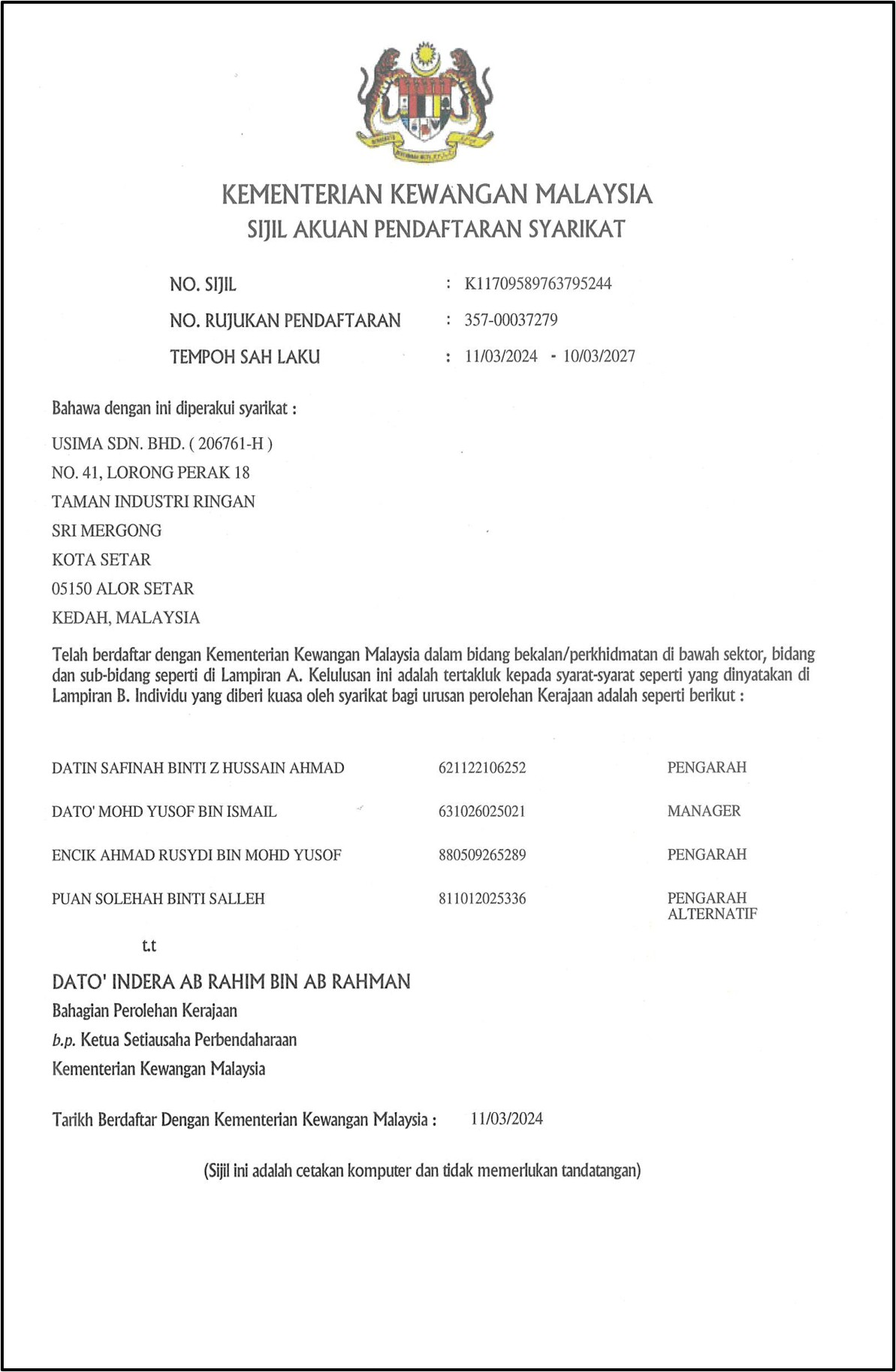 Sijil Akuan Pendaftaran Syarikat