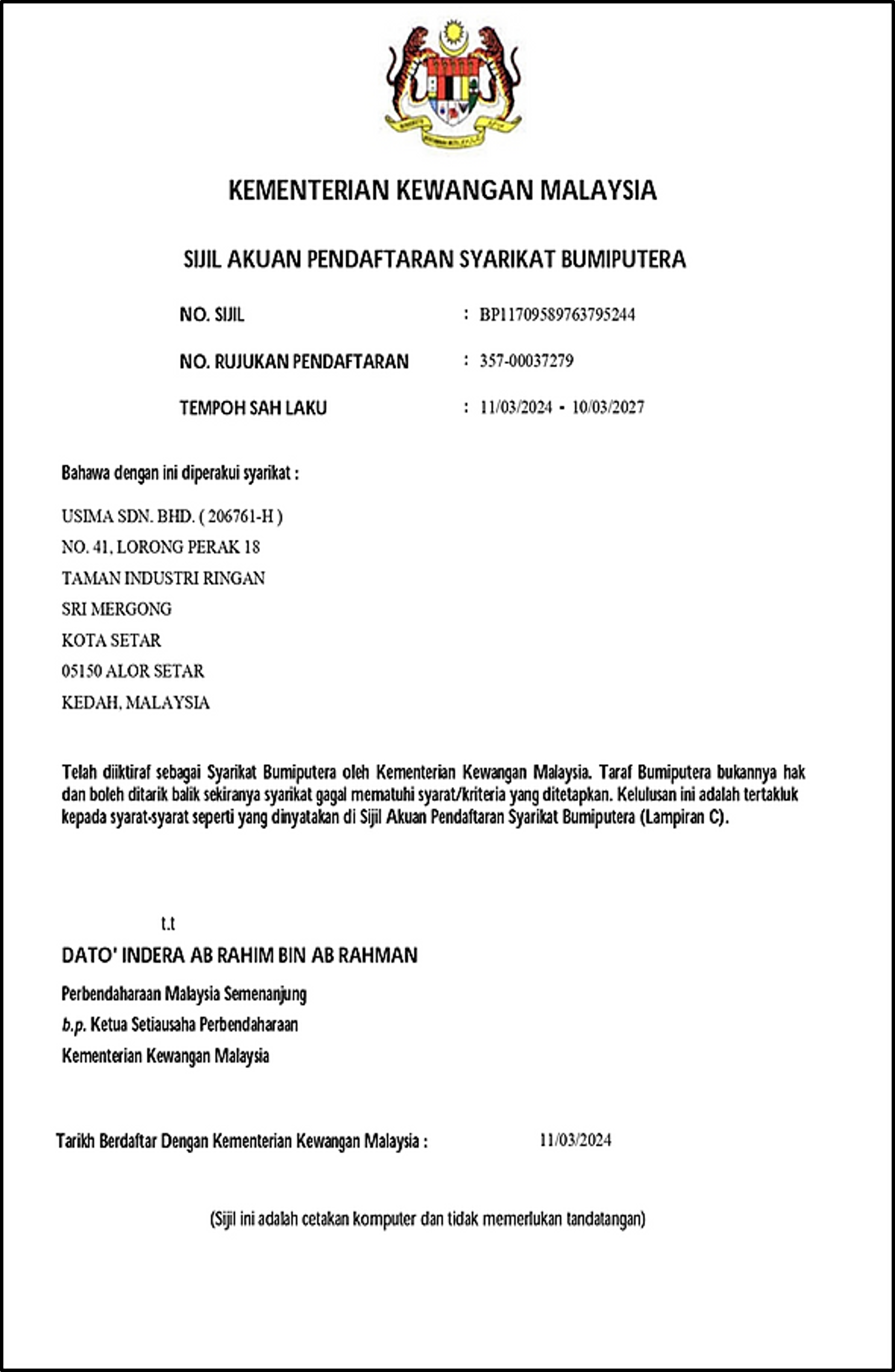 Pendaftaran Bumiputera - Sijil Pendaftaran Bumiputera