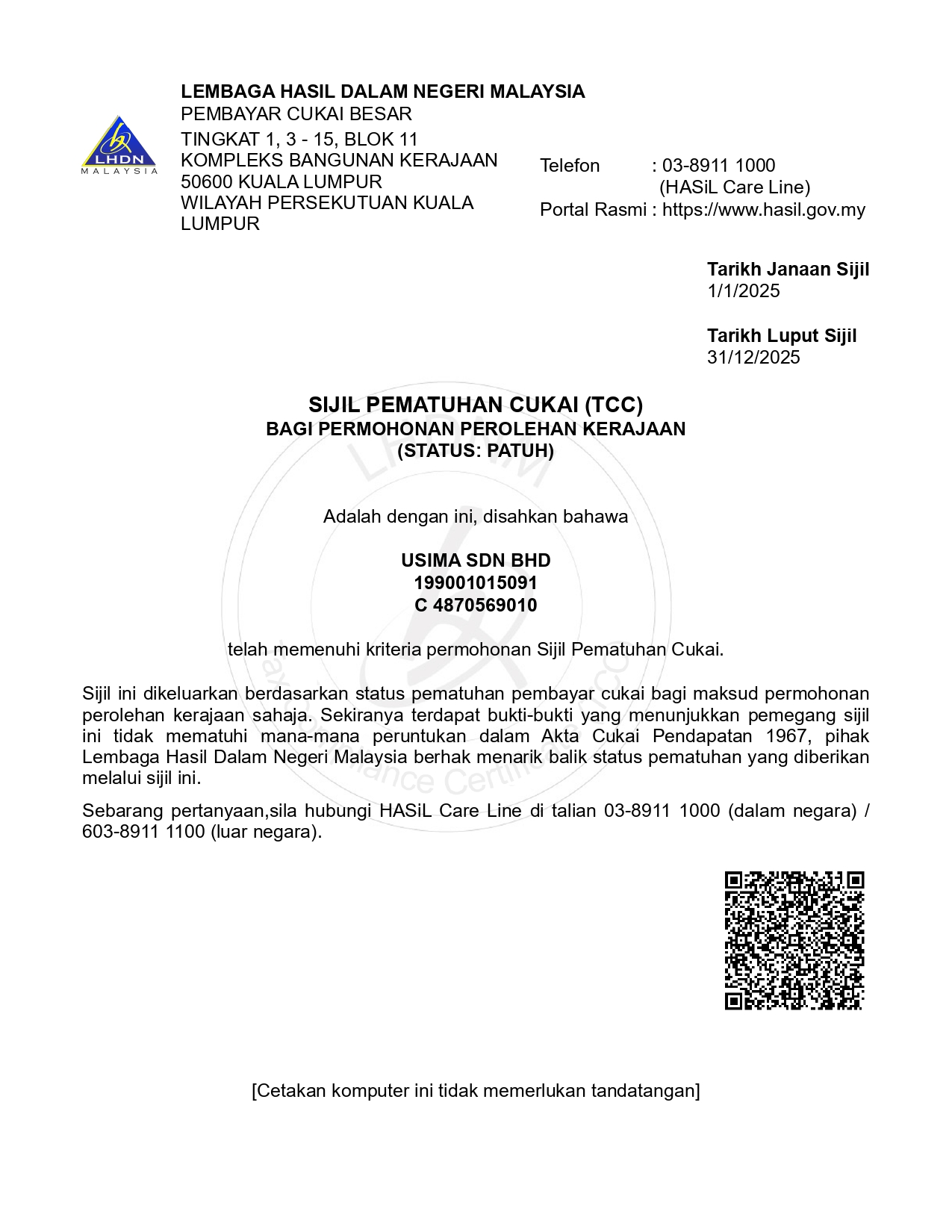 Sijil Pematuhan Cukai (TCC) - LHDN